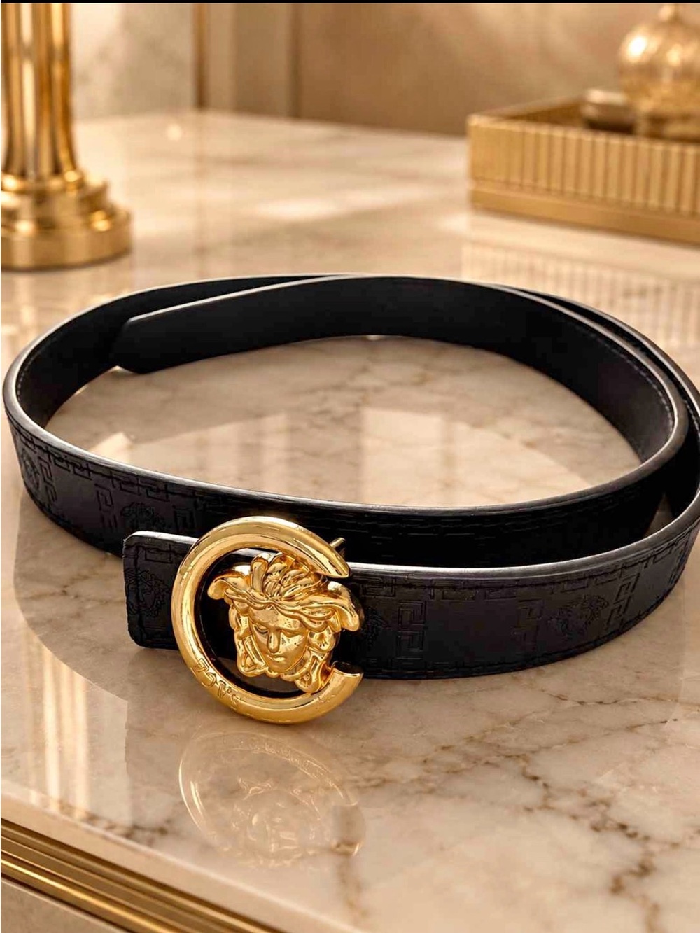 Black Leather Belt with Gold Medusa-Style Buckle